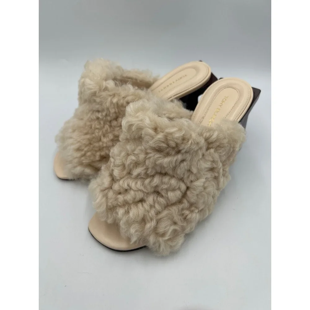 Tory Burch Cream Shearling Fur Mules Block Heel Slides Leather Sole Size 6.5